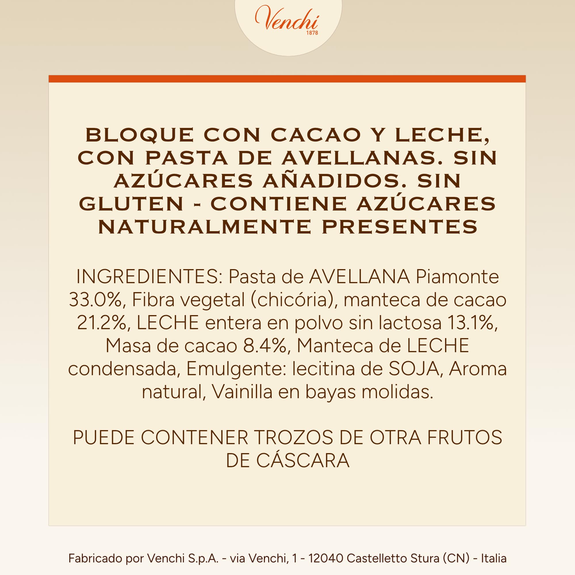 Venchi - Cacao y Avellana NO Added Sugar, 1 kg - Sin Edulcorantes Artificiales - Sin Gluten