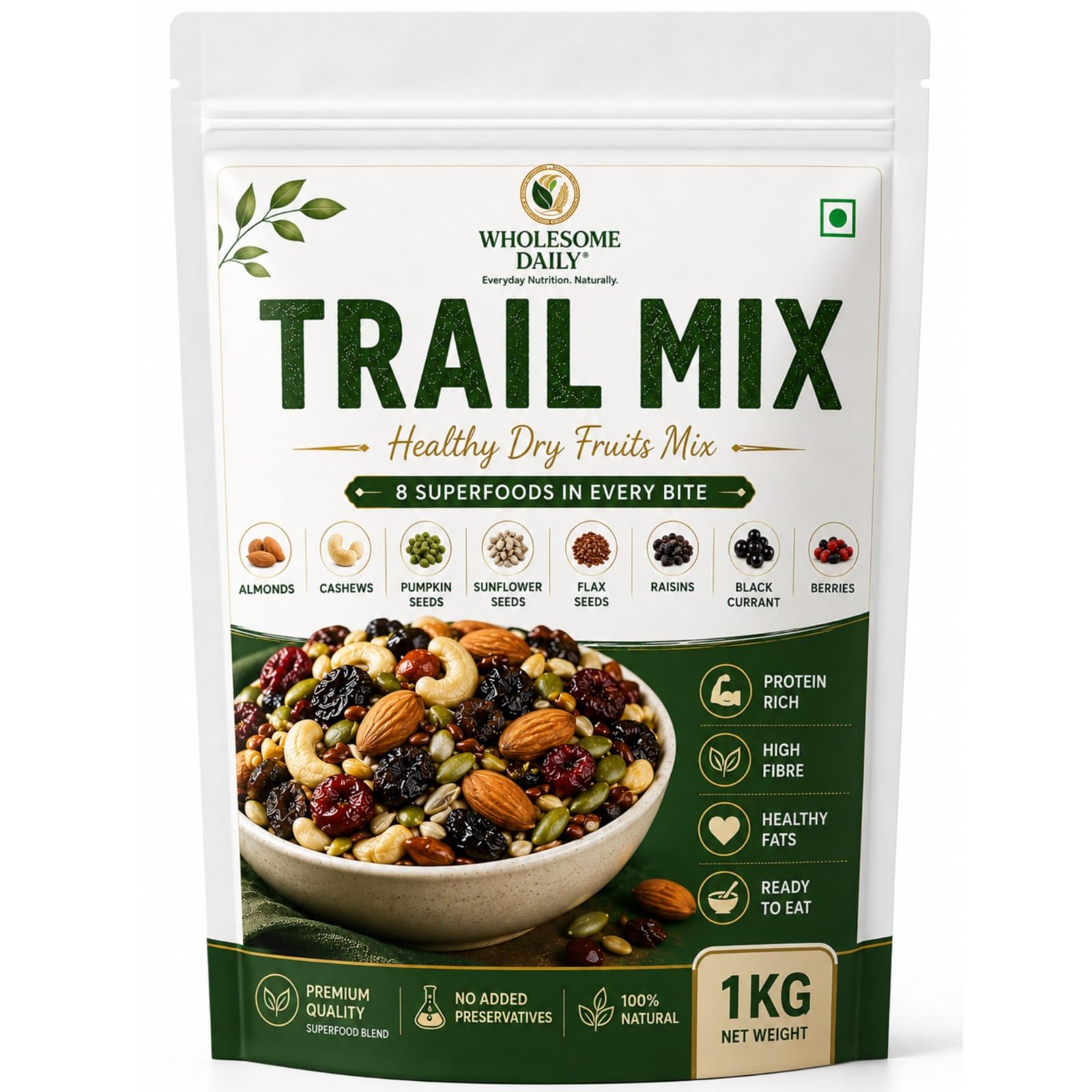 WHOLESOME DAILY Trail Mix Royal 1kg | Premium Nuts & Seeds Mix with Cashews, Almonds, Raisins, Pumpkin, Sunflower & Flax Seeds | Healthy Superfood Snack | High Protein & Fiber | Energy Booster-image-2