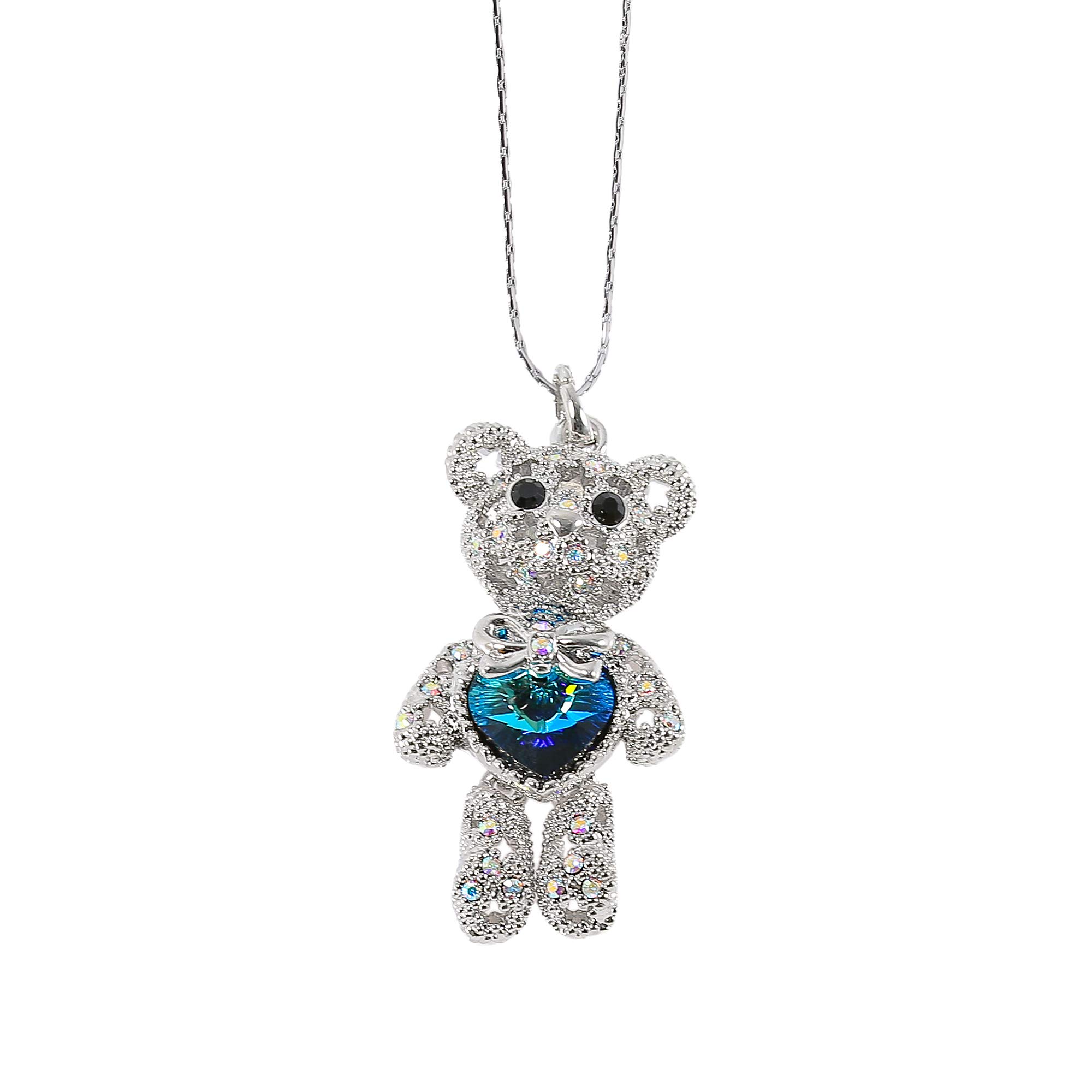 MOONSTONE Fashion Pendant For Women Sterling Silver Adorable Teddy Bear Swarovski Crystal Elemants Chain, Crystal Bermuda Blue