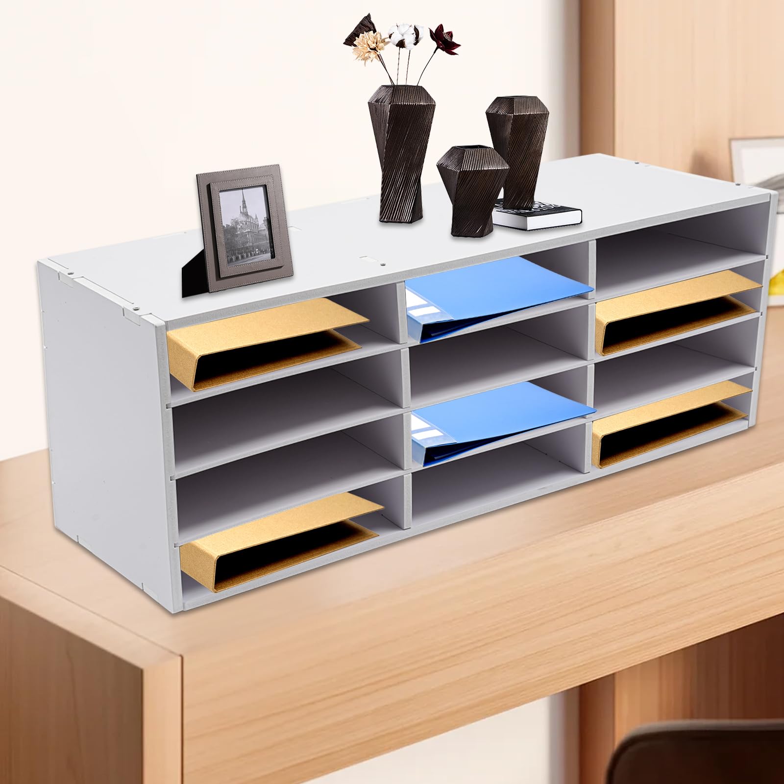 12 przegródek, organizer na dokumenty biurowe z PCW, wolnostojący organizer na biurko, półka na dokumenty, stojak na czasopisma, regał poziomowy, 80 x 30,8 x 30 cm (biały)