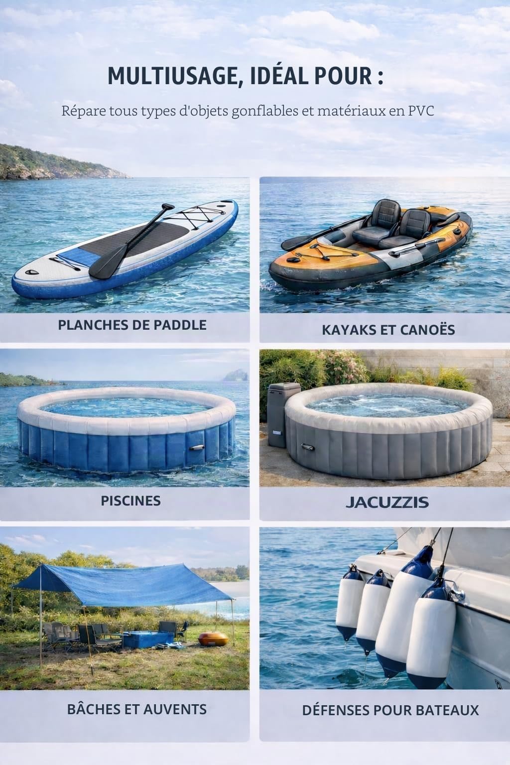 Kit de réparation PVC professionnel 2 composants pour Zodiac, Paddle Surf, Kayak - 125 ml avec patchs, pinceau, gobelet, gants