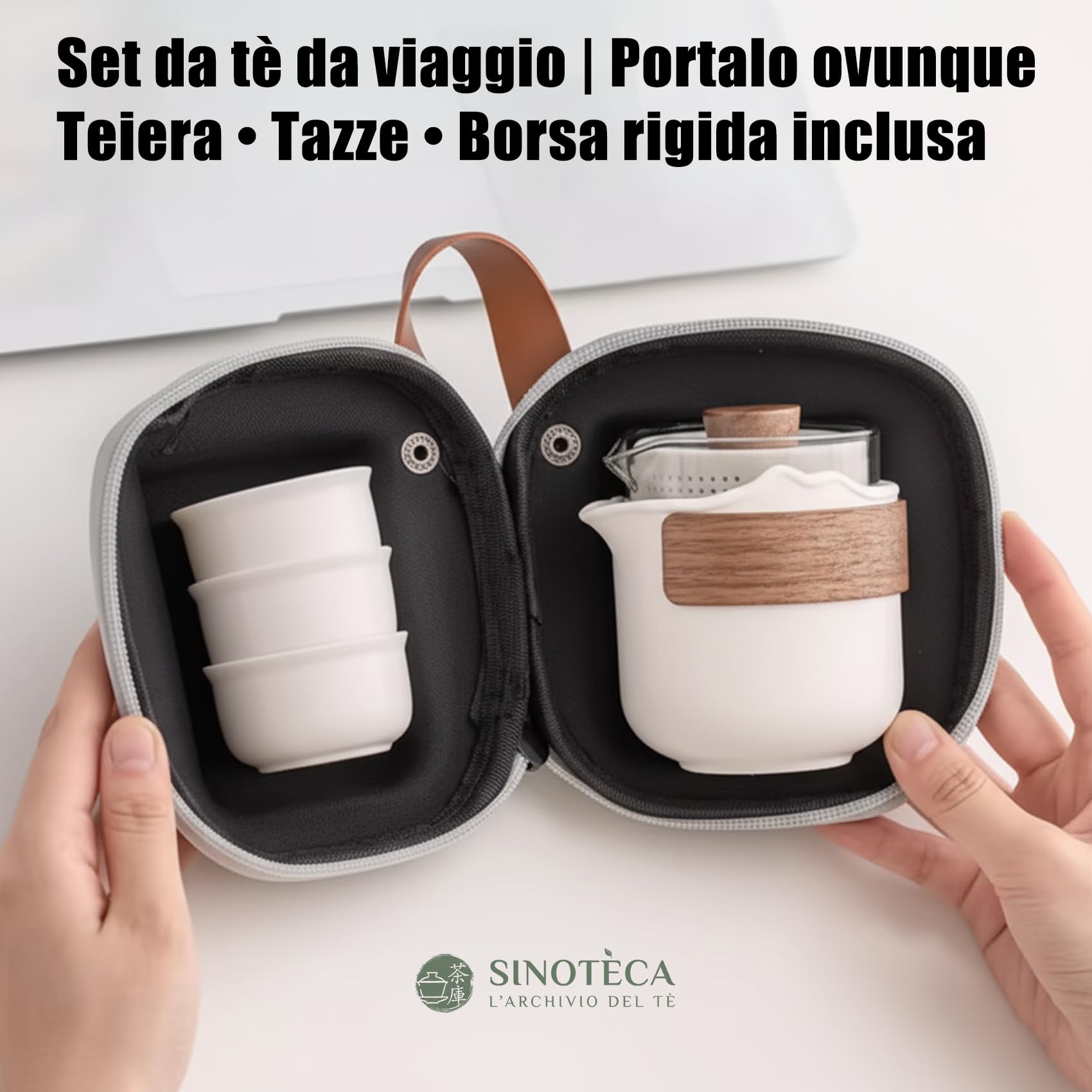 SINOTÈCА Set da Tè da Viaggio Portatile – Servizio da Tè Kung Fu con Teiera in Vetro 120ml, Caraffa in Ceramica 200ml, 3 Tazzine 25ml, Pomello in Legno di Noce, Custodia Rigida Antiurto Inclusa