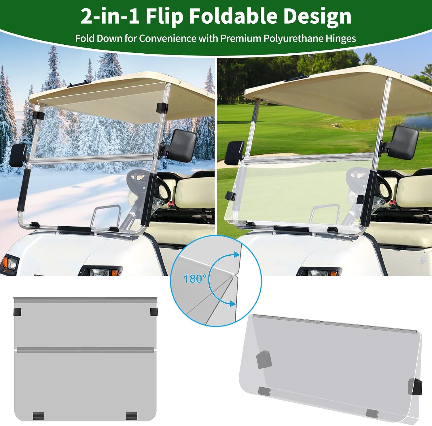 Golf Cart Foldable Windshield 3/16" (5MM) Thicken Only Fits 1995-2003 Yamaha G14 G16 G19, Fits 1"×1" Strut Rail Front Folding Acrylic Windshield Replacement