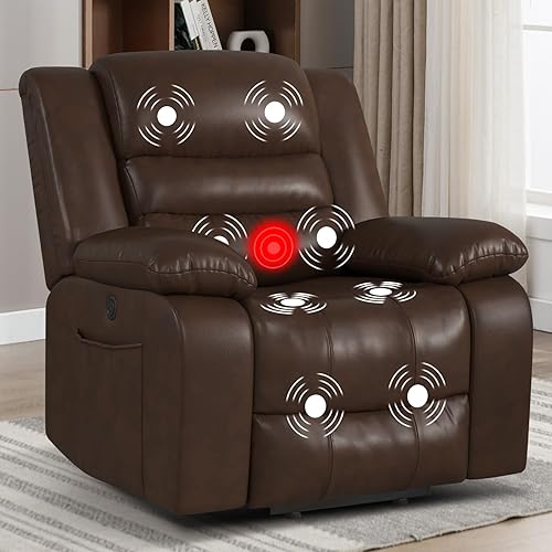 CANMOV Leather Power Lift Recliner Chair for Elderly, Massage and Heated Electric Lift Chair for Seniors Reclining Chair Single Sofa Chair for Living Room, Side Pocket, Brown