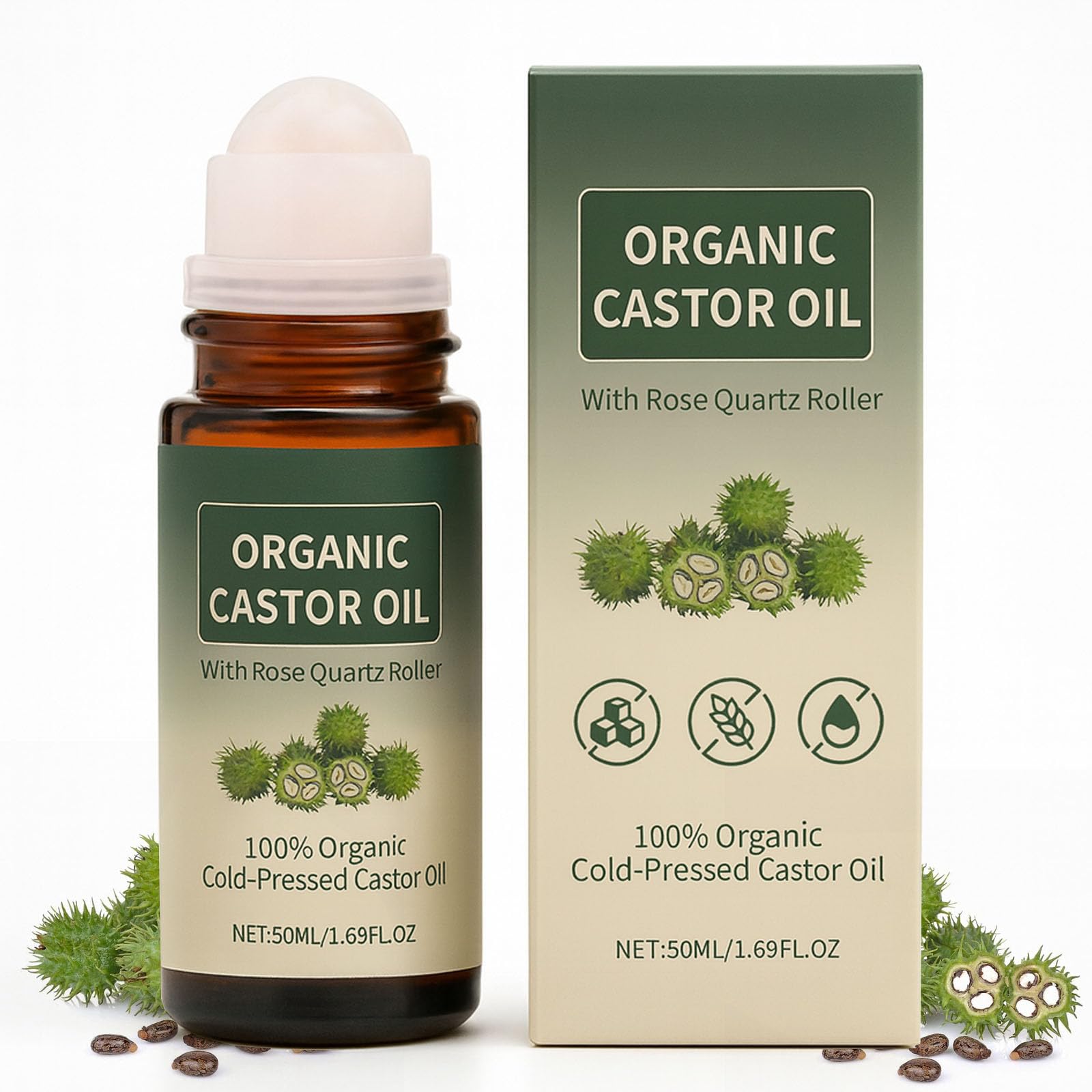 Organic Castor Oil Roll-on with Rose Quartz, 100% Cold-Pressed Organic Castor Oil Glass Bottles Roller for Skin, Brows & Lashes 1.7oz (1)