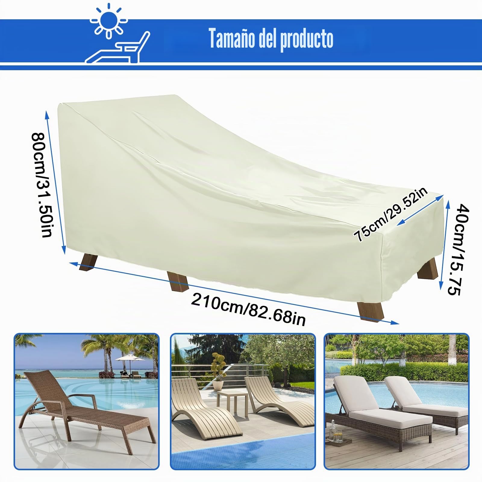 Funda para tumbona de jardín, impermeable, cubierta protectora, funda de 210D Oxford para muebles de jardín, funda de tejido protectora para tumbona, silla de sol, sillón de exterior