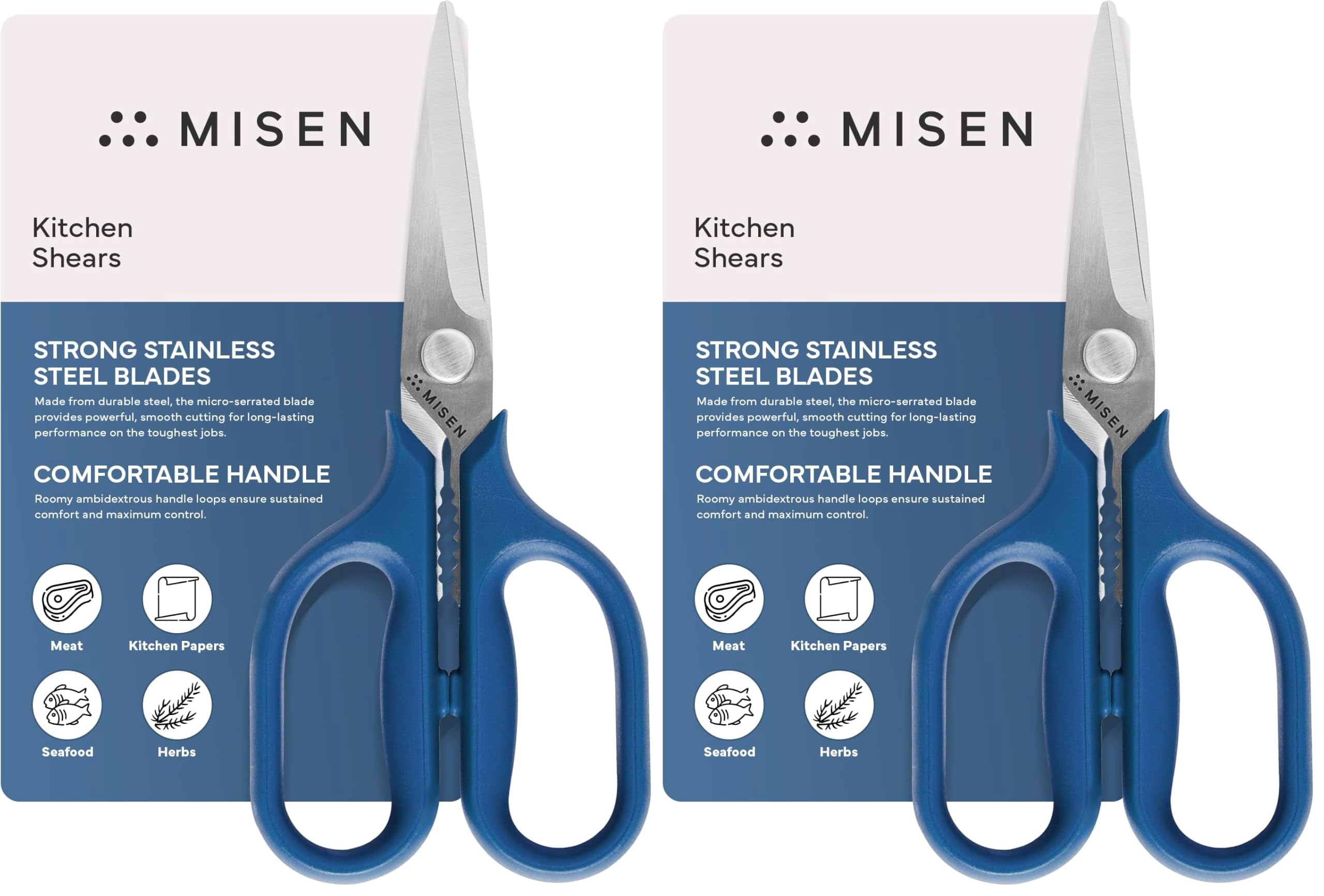 Misen Heavy Duty Kitchen Shears - Comfortable Ambidextrous Scissors for Meat, Poultry, Herbs &amp; More - Easy to Clean - German Stainless Steel - Small | Blue (Pack of 2)