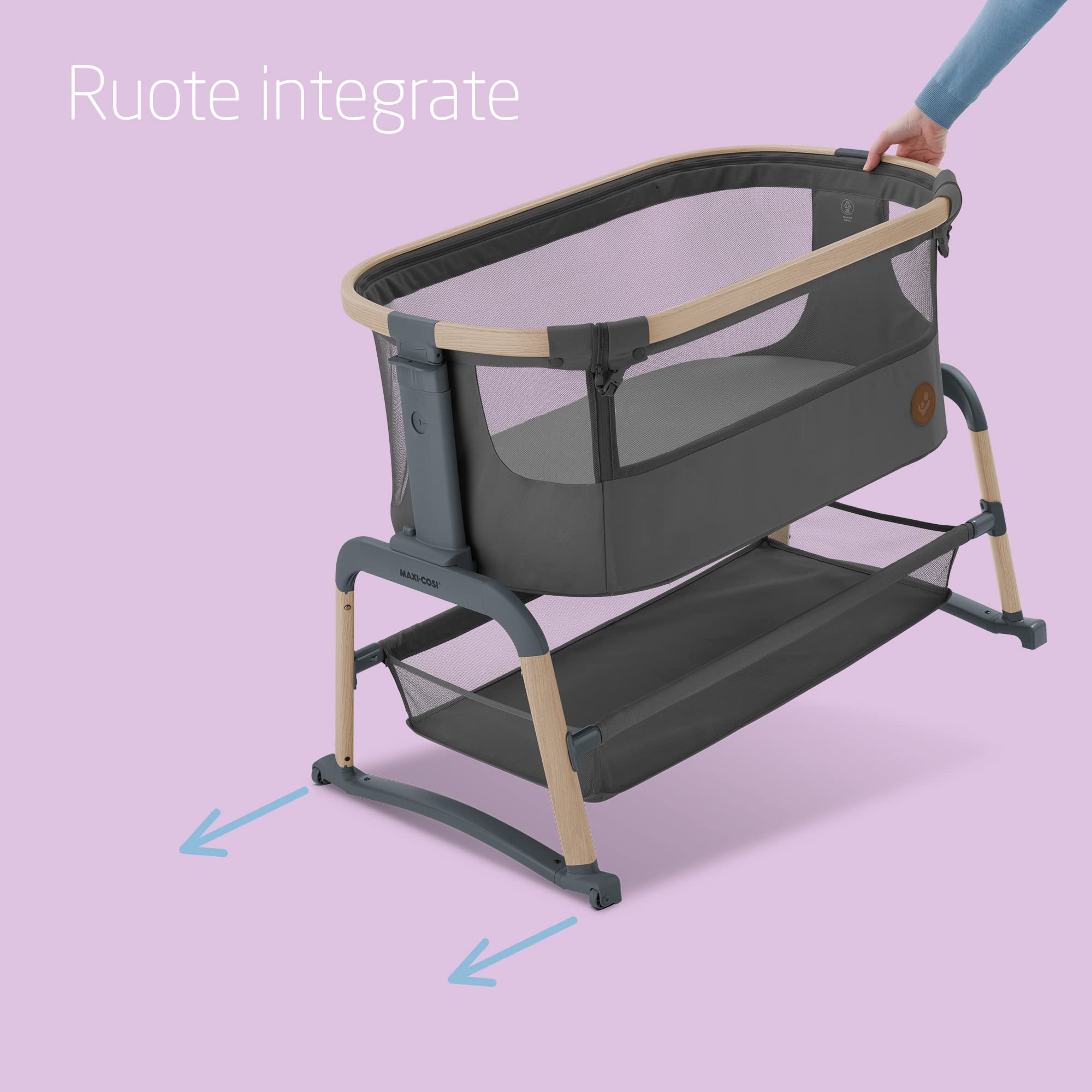 Maxi-Cosi Iora Air Lettino neonato, co-sleeping con materasso imbottito, funzione dondolo, regolabile in altezza, reclinabile,tessuti riciclati ecologici e traspiranti, 0-9 kg, Beyond Graphite