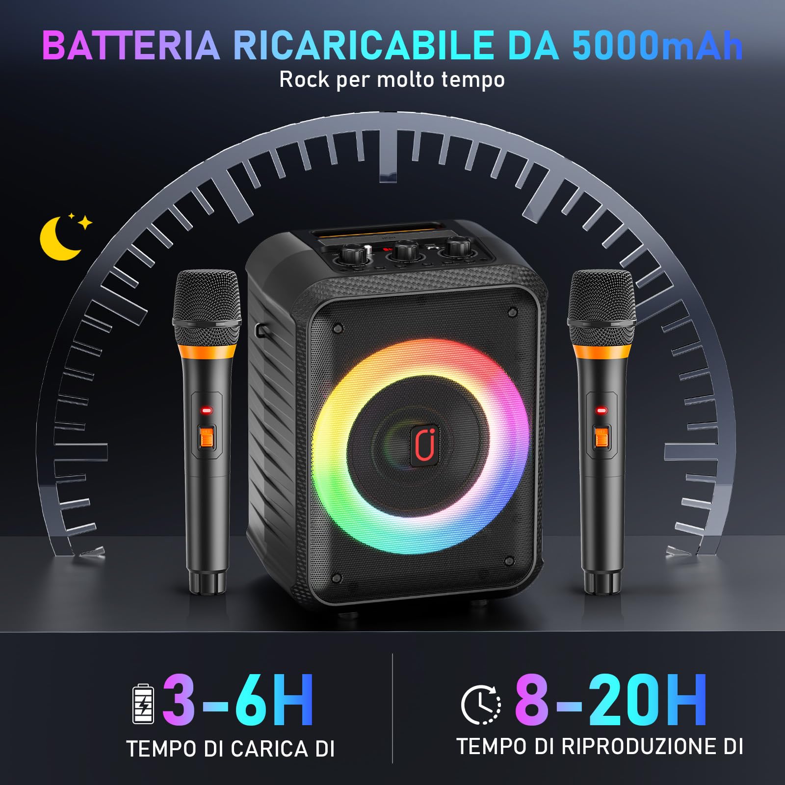 HWWR Canta tu Karaoke 2026, Sistema Karaoke con 2 Microfoni, 120W Cassa Bluetooth 5.3 Portatile con luci LED, Sistema PA, Ideale per Feste in Casa e Come Regalo per Adulti/Bambini
