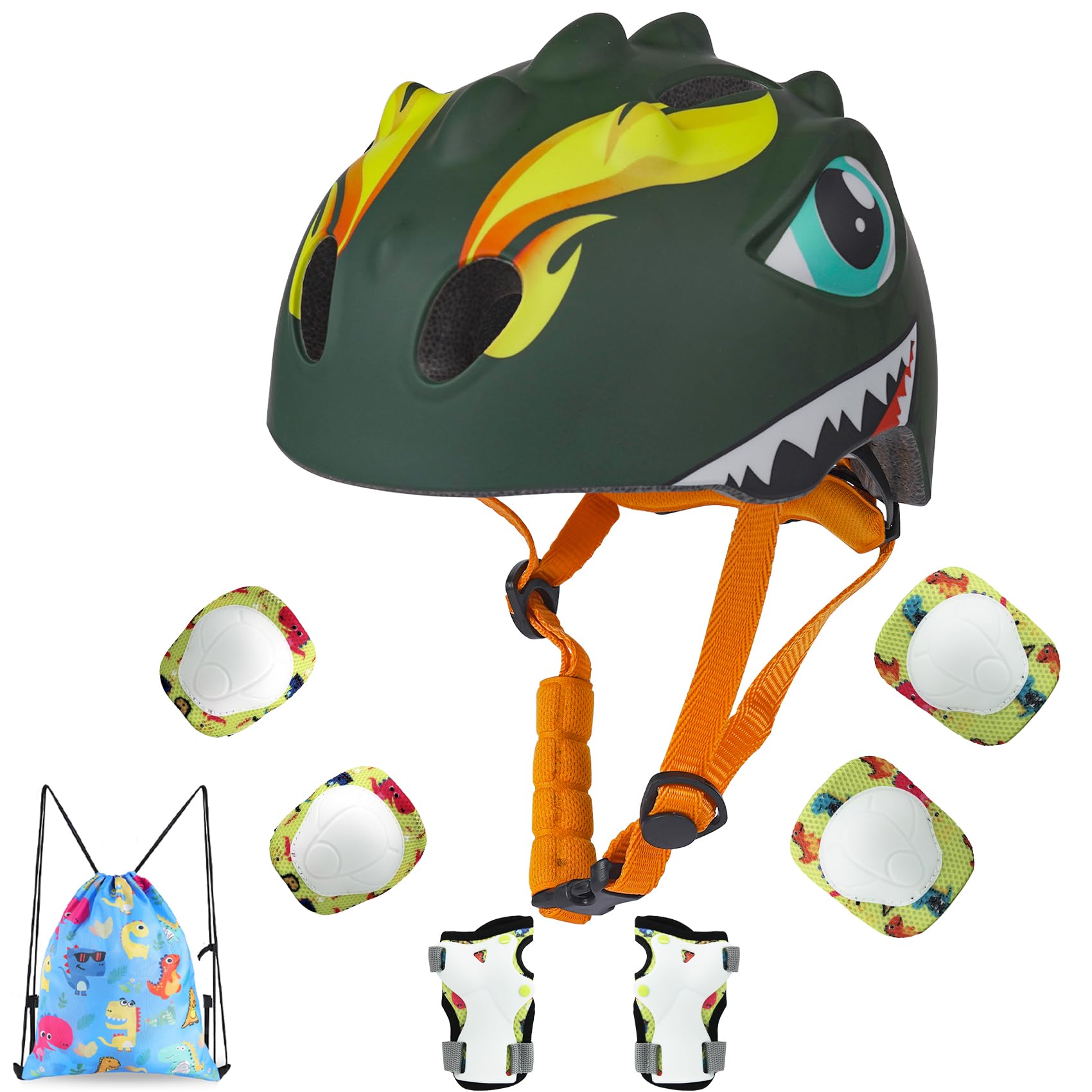 Toddler Helmet Kids Bike Helmet for 2 3 4 5 6 7 8 Years Old Girls with 3D Dinosaur Design Protective Gear Set and Safety Certified, Toddler Bike Cycling Skating Skateboard Scooter Helmet
