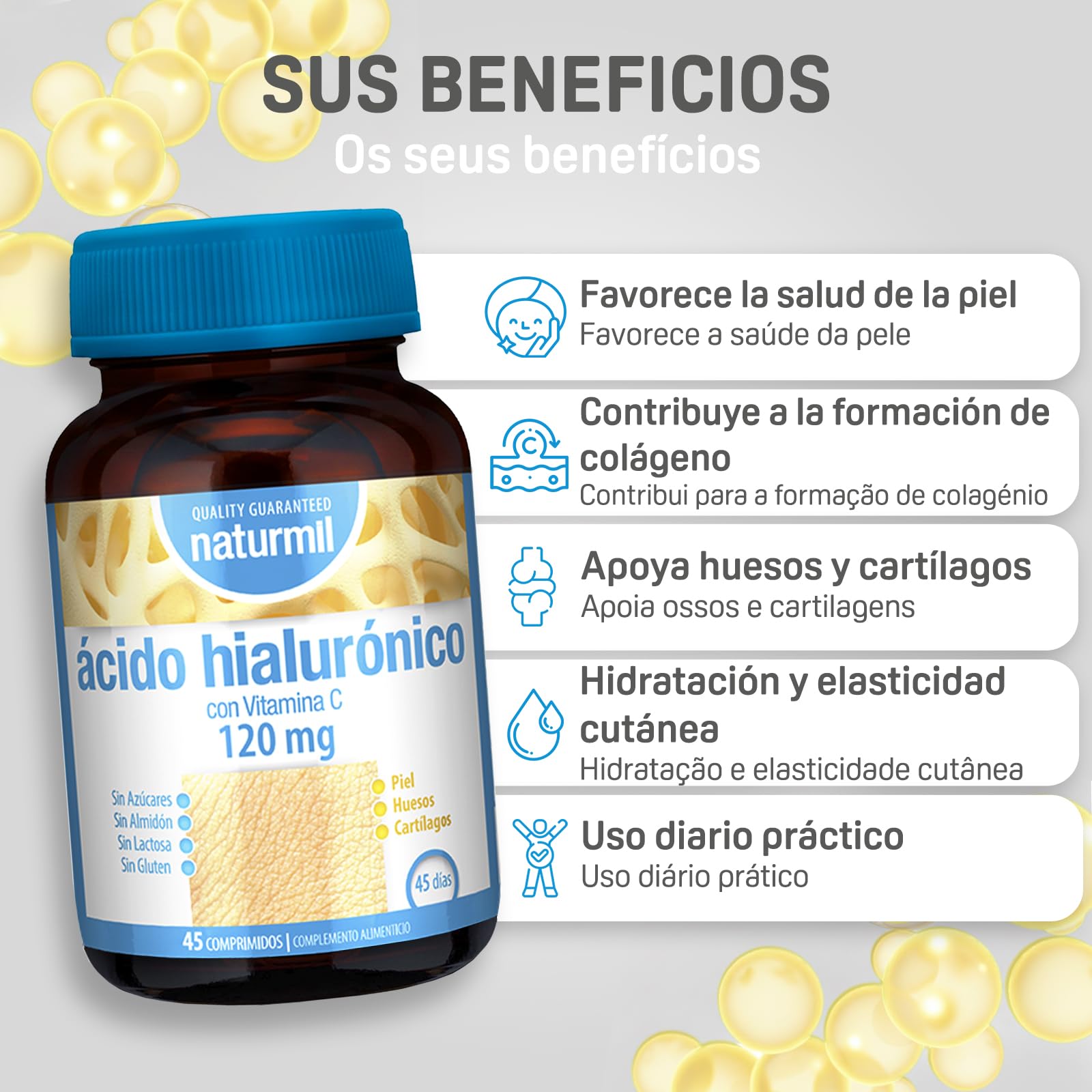 Ácido Hialurónico 120 mg con Vitamina C - Hidratación y Elasticidad de la Piel - Apoyo a Cartílagos y Huesos - 45 Comprimidos 1 al día - DietMed - Naturmil