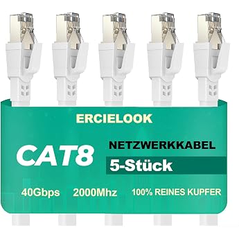 Ercielook 5 x Cat8 LAN Cable Short 0.15m Flat 40Gbps Metal RJ45 | Network Cable 2000 MHz Net Length Pure Copper Shielded Flat