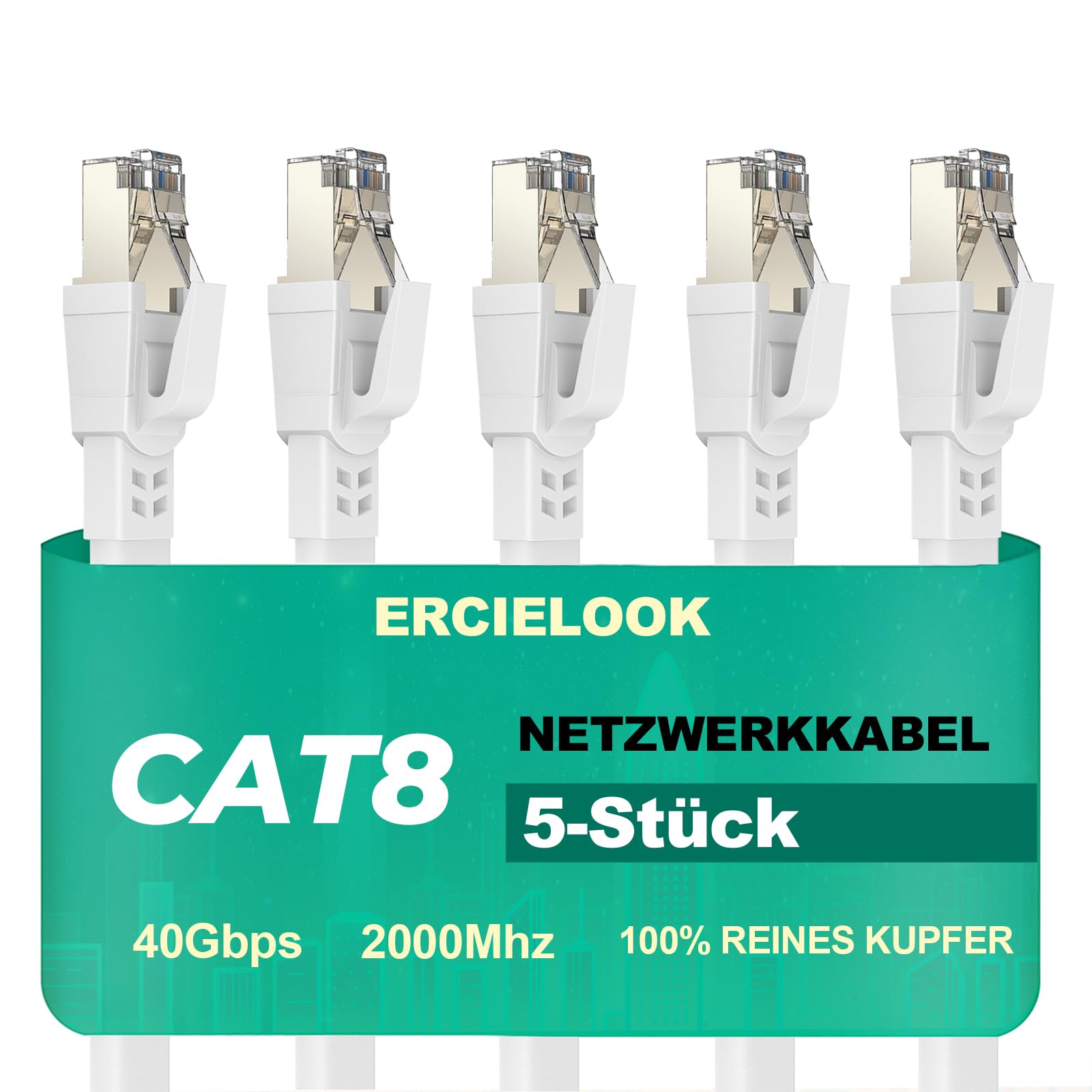 Ercielook Lan Kabel 0,25m-5 Stück - Hochgeschwindigkeits 40 Gbit/s Cat8-Netzwerkkabel für den Außen- und Innenbereich, wetterfest, UV-beständig für Router/Gaming/Modem