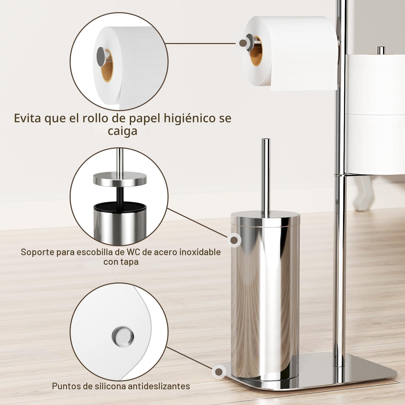 Portapapel higiénico de pie plateado con escobilla - Soporte de papel higiénico de pie con escobilla, juego de WC con caja de toallitas húmedas y escobilla de inodoro