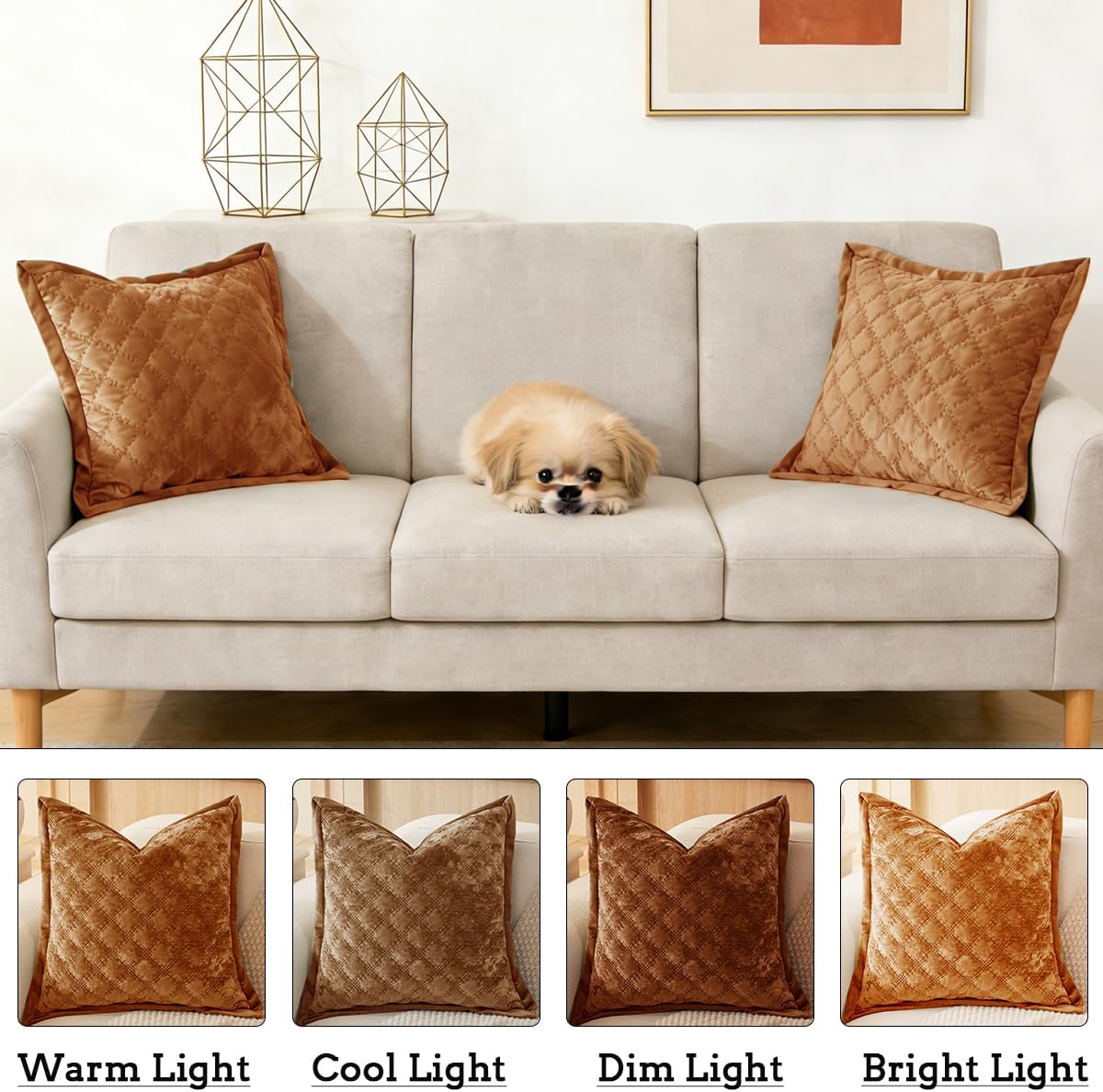 Pillow Cover 24x24 1 Piece Velvet Large Euro Sham with Hidden Zipper Wrinkle Resistant Soft Cross Process Decorative Farmhouse Quilted Cushion Covers for Couch Bed, Caramel