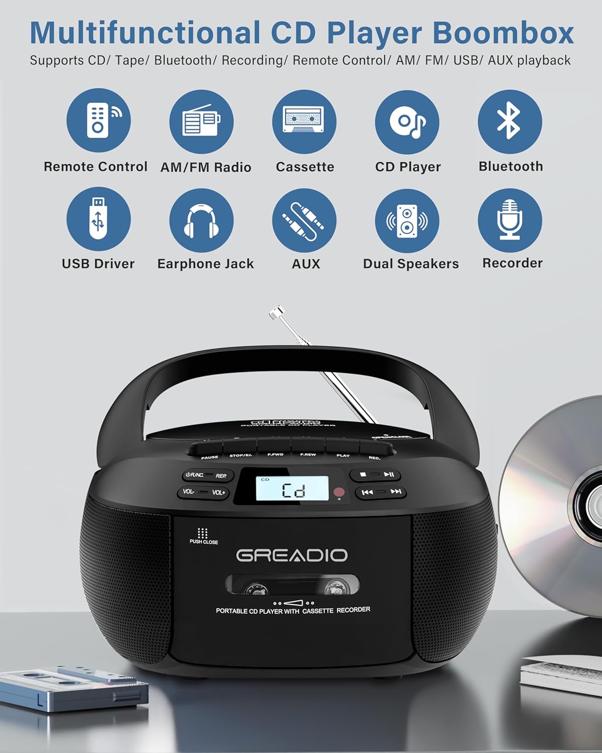 Greadio Boombox with a CD being inserted into the top-loading compartment.