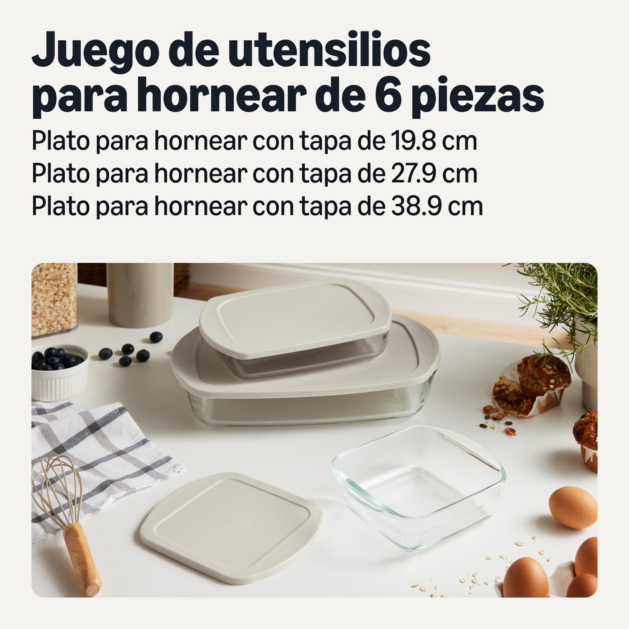 Amazon Basics Fuentes de Cristal para Hornear con Tapas sin BPA, Juego de 6 Piezas, Vidrio de Borosilicato, Aptas para Lavavajillas y Horno, Gris Lino