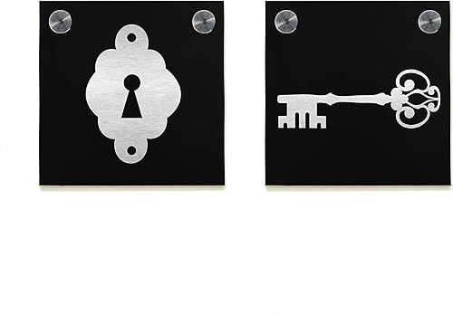 Hotel Restroom Door Sign - Fiber Laser Engraved Black Aluminum - Modern WC Signs - Bathroom Decor Plate - Set of WC signs - Style Lock&Key