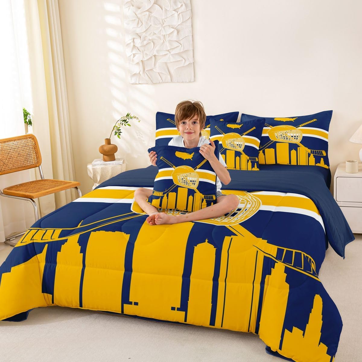 Erosebridal Full Comforter Set for Hockey Player - 7 Pieces Ice Hockey Bedding Sets Full Bed in a Bag,Reversible Hockey Bed Set,Winter Ball Game Comforter, Sheets, Pillowcases & Cushion Covers,