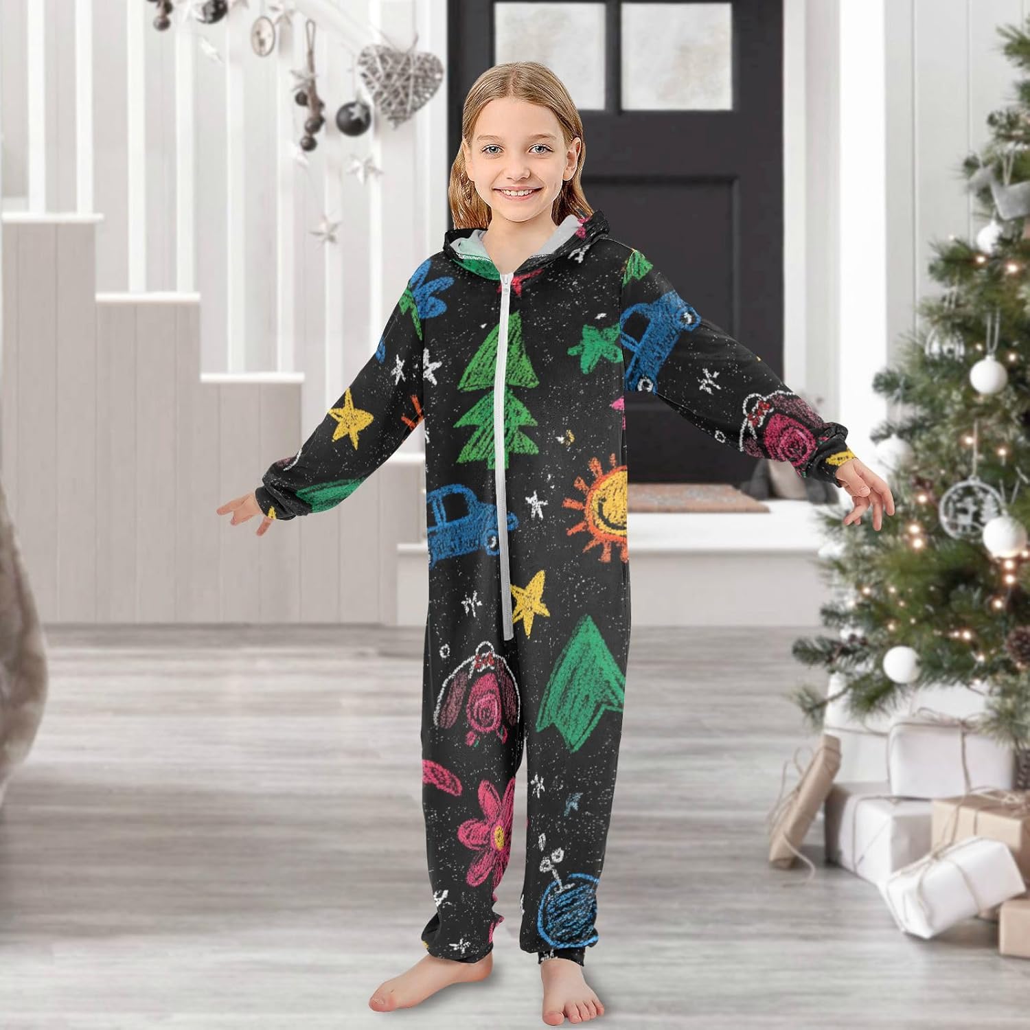 Hand Drawn Flower Car Cartoon CutePajamaSoft Warm Hooded One-Piecing Costumefor Parties Sleepovers