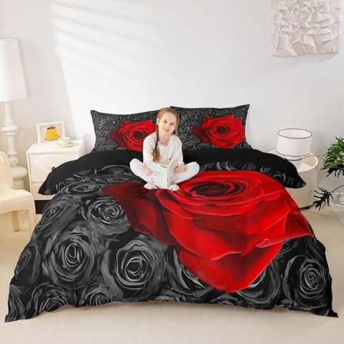 Miniatura 9 de Erosebridal Juego de ropa de cama de rosa roja, tamaño individual, funda de edredón romántica de 2 piezas, funda de edredón con flores y rosas