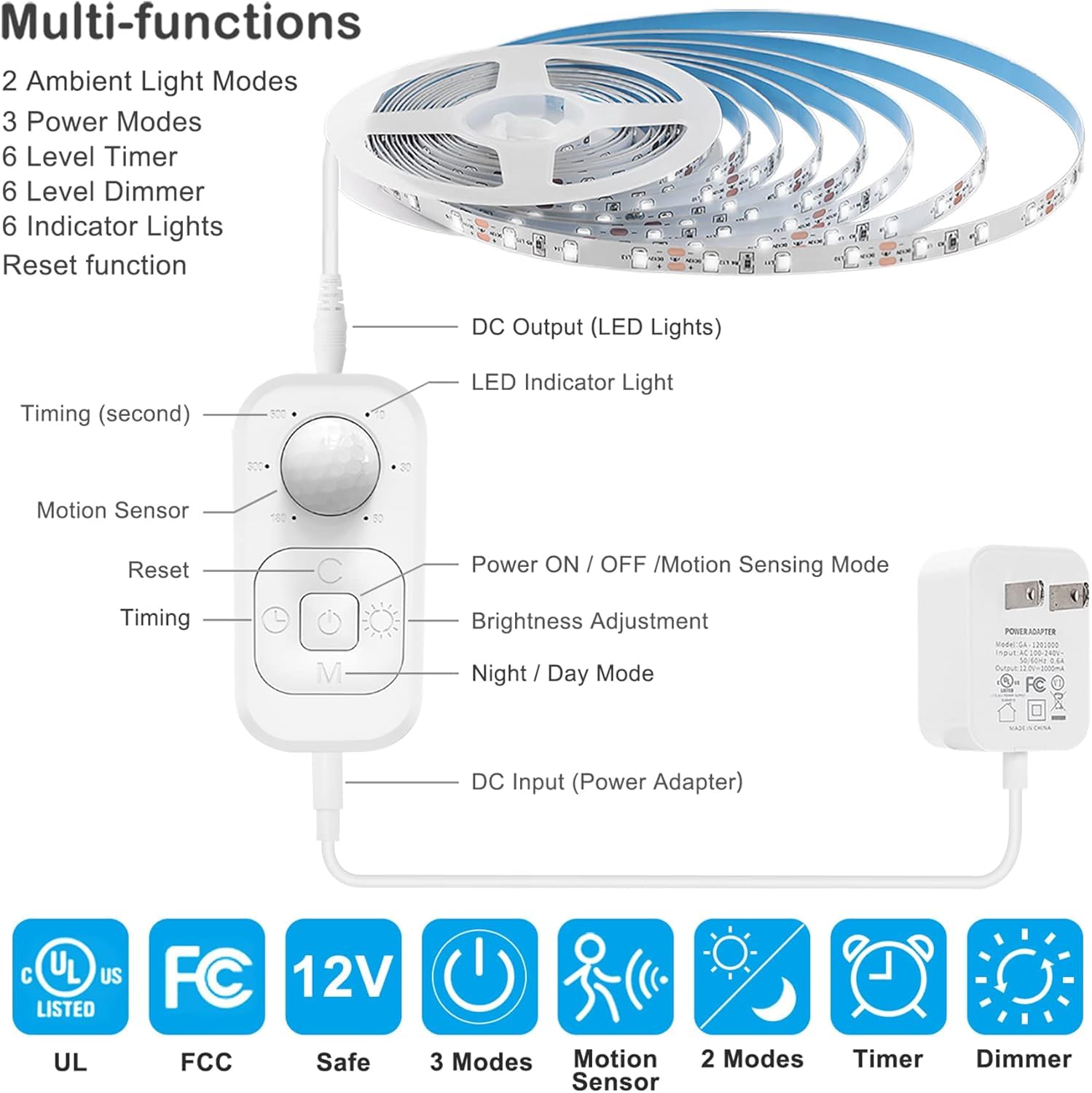 Illuminazione a LED sotto armadio con sensore di movimento, strisce LED plug-in per interni con adattatore di alimentazione, dimmer e timer per armadio da cucina, controsoffitto