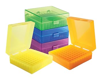 Heathrow Scientific 100-Place Microtube Storage Box with Snap Clasp Lid, Fits 1.5/2.0 mL Tubes and Vials, Polypropylene, Assorted Colors Blue, Green, Purple, Yellow, and Orange, Pack of 5