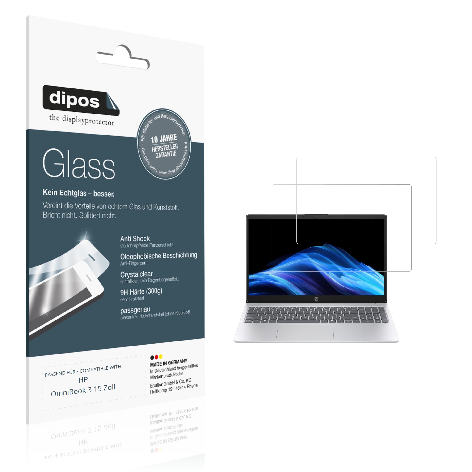 dipos 2x Pellicola Protettiva 9H trasparente per HP OmniBook 3 15 Zoll | Non si rompe e non si scheggia, non è vero vetro, Anti-Shock, si adatta perfettamente, antigraffio, senza bolle, autoadesiva