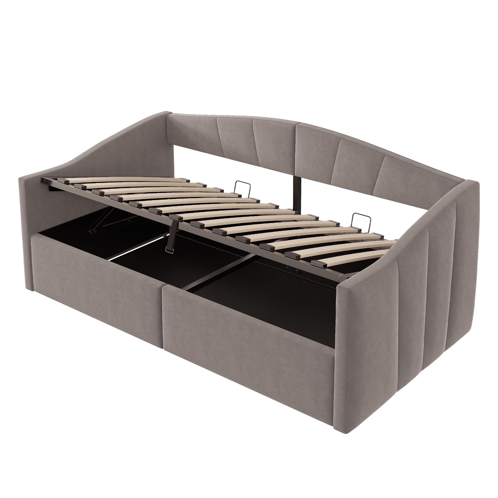 Schlafsofa Tagesbett 90x200 cm mit Hydraulischer Stauraum, Schlafcouch Bettgestell mit Lattenrost und Armlehnen, Sofabett mit Klassisch Gestreift, Samt, Grau, Ohne Matratze