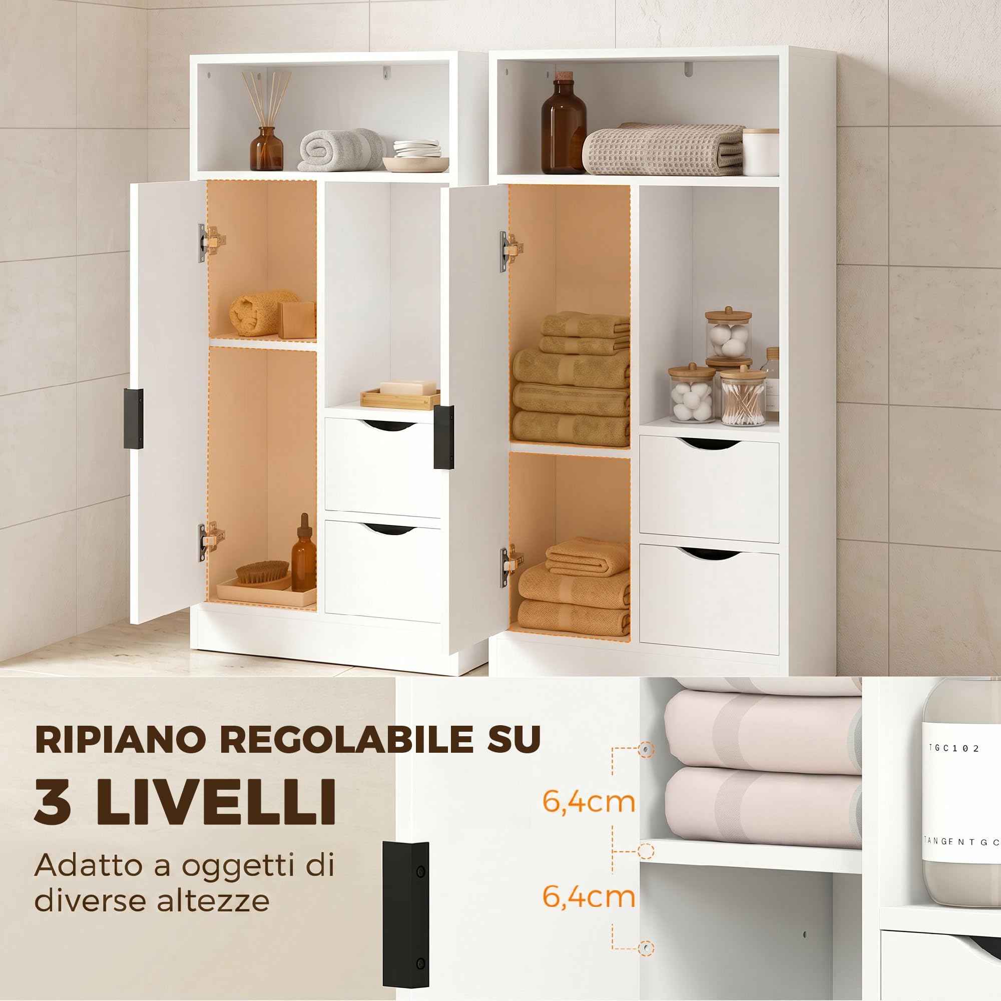 HOMCOM Mobiletto Bagno Salvaspazio Slim 50x25x100 cm Bianco | Mobile Bagno con 2 Cassetti, Ripiani Regolabili a 3 Livelli e Armadietto, Stile Nordico