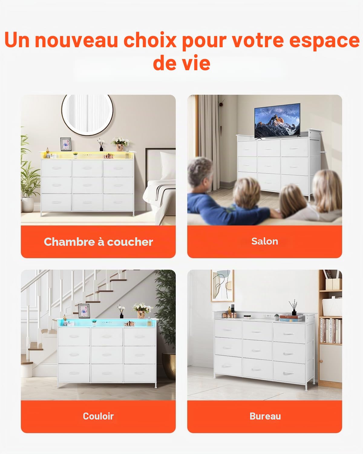 VEVOR Commode Haute en Tissu à 9 tiroirs, Meuble de Rangement avec bacs Tissu, tiroir de Rangement pour Placard, Cadre en métal Robuste, lumières LED et Prise intégrée, pour Chambre, Couloir, Blanc