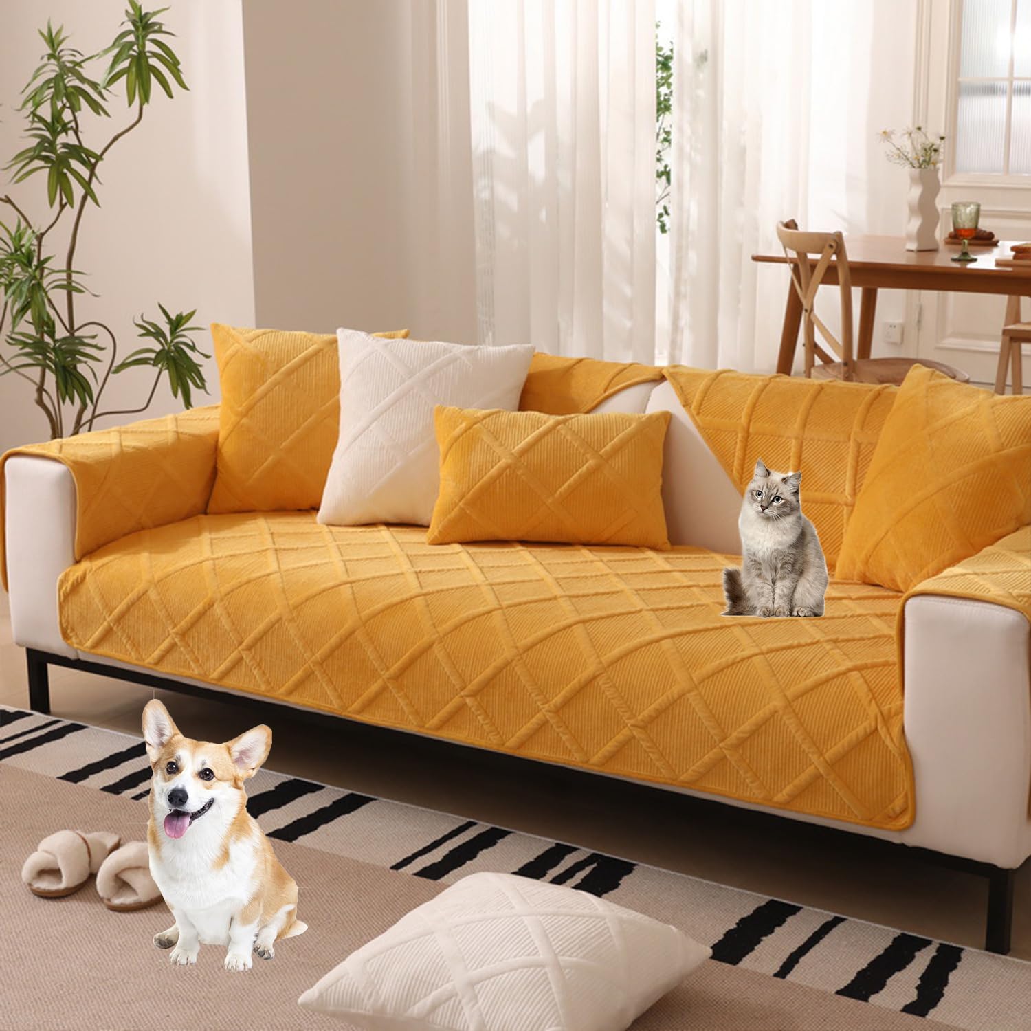 Funda cubre sofá antideslizante que evita los pelos de perro con terciopelo amarillo suave