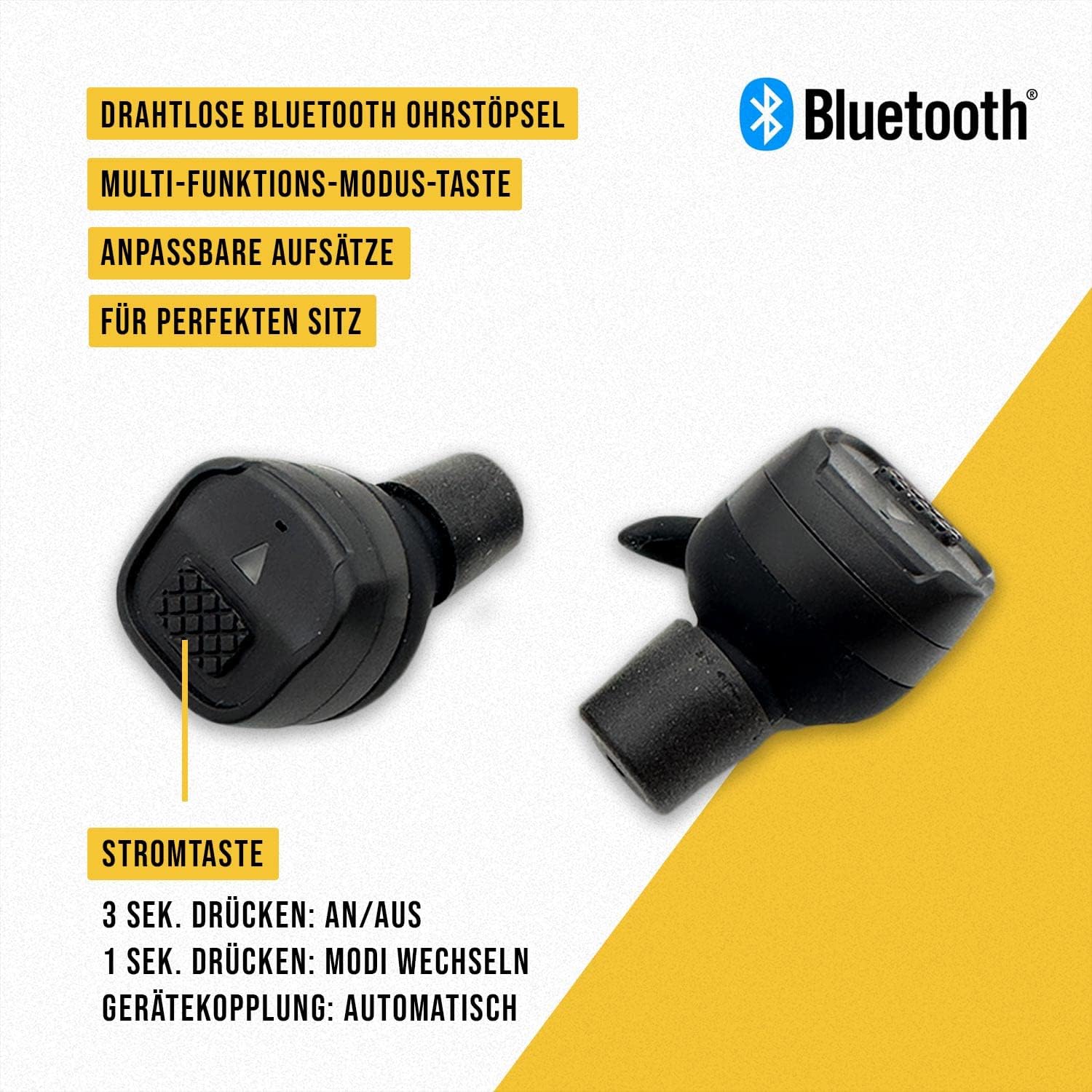 Close-up of Earmor M20T earplug with power button indicated