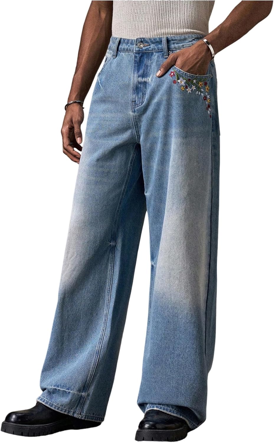 Men's Floral Embroidery Baggy Jeans High Waisted Wide Leg Denim Pants with Pockets