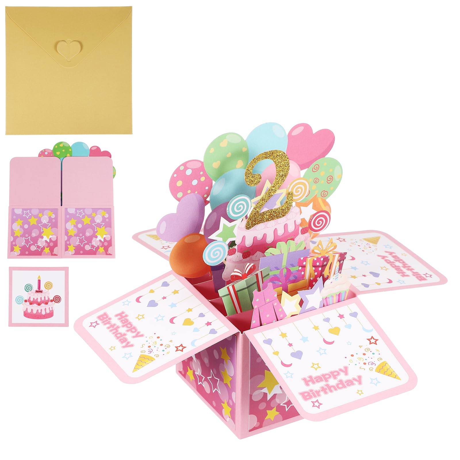 YOKIVE 2th Birthday Card, 2 Years Old Funny Birthday Card Happy Sweet with Greeting Card and Envelope 3D Open for Men Woman Gift Friends Party, Style 1 & Gold Pink