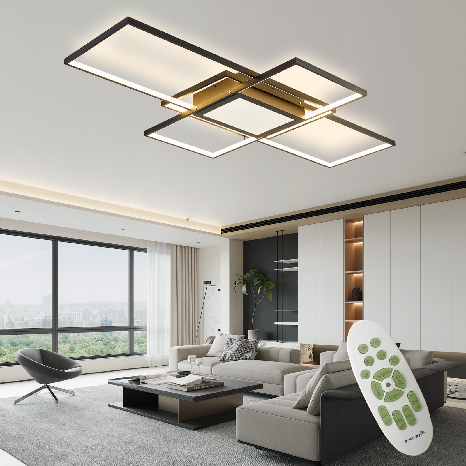 AHRHSM LED-Deckenleuchte Dimmbar-Wohnzimmerlampe 118W Modern Deckenlampe-Wohnzimmer mit Fernbedienung Rechteckige Lampe Wohnzimmer 3000k-6000k (Schwarz, 140 * 80)