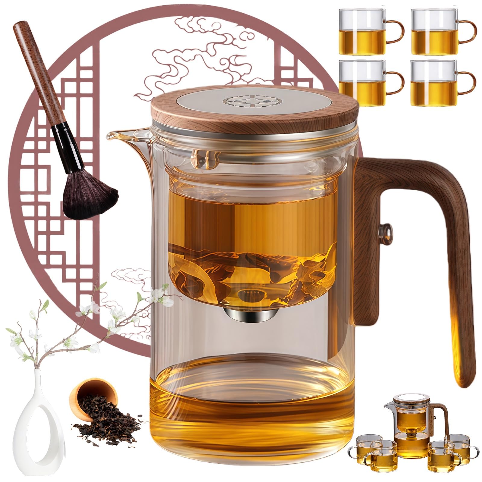 Wassertrennende Glasteekanne mit Holzgriff, 2026 Neu Teapot, Teekanne mit Siebeinsatz Glas Holzdeckel, Drucksteuerung, Hohe Temperaturbeständigkeit, Das Leben Genießen und Entspannen(A-4,800ML)