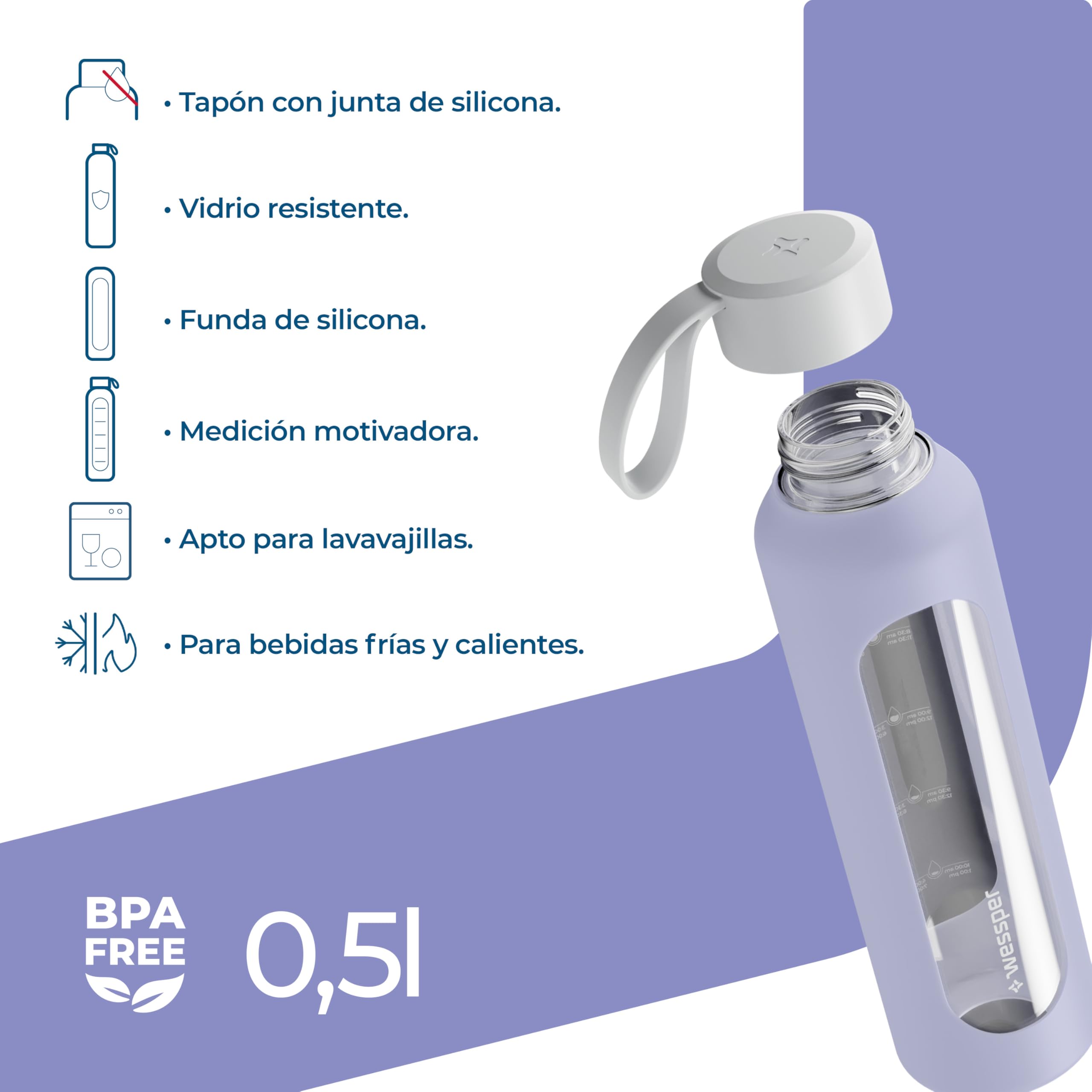 Wessper Botella de Agua Cristal, Botella 500 ml Motivadora con Escala de Hidratación, Botellas de Vidrio Borosilicato con Funda de Silicona, Material Seguro sin BPA - Violeta - 3