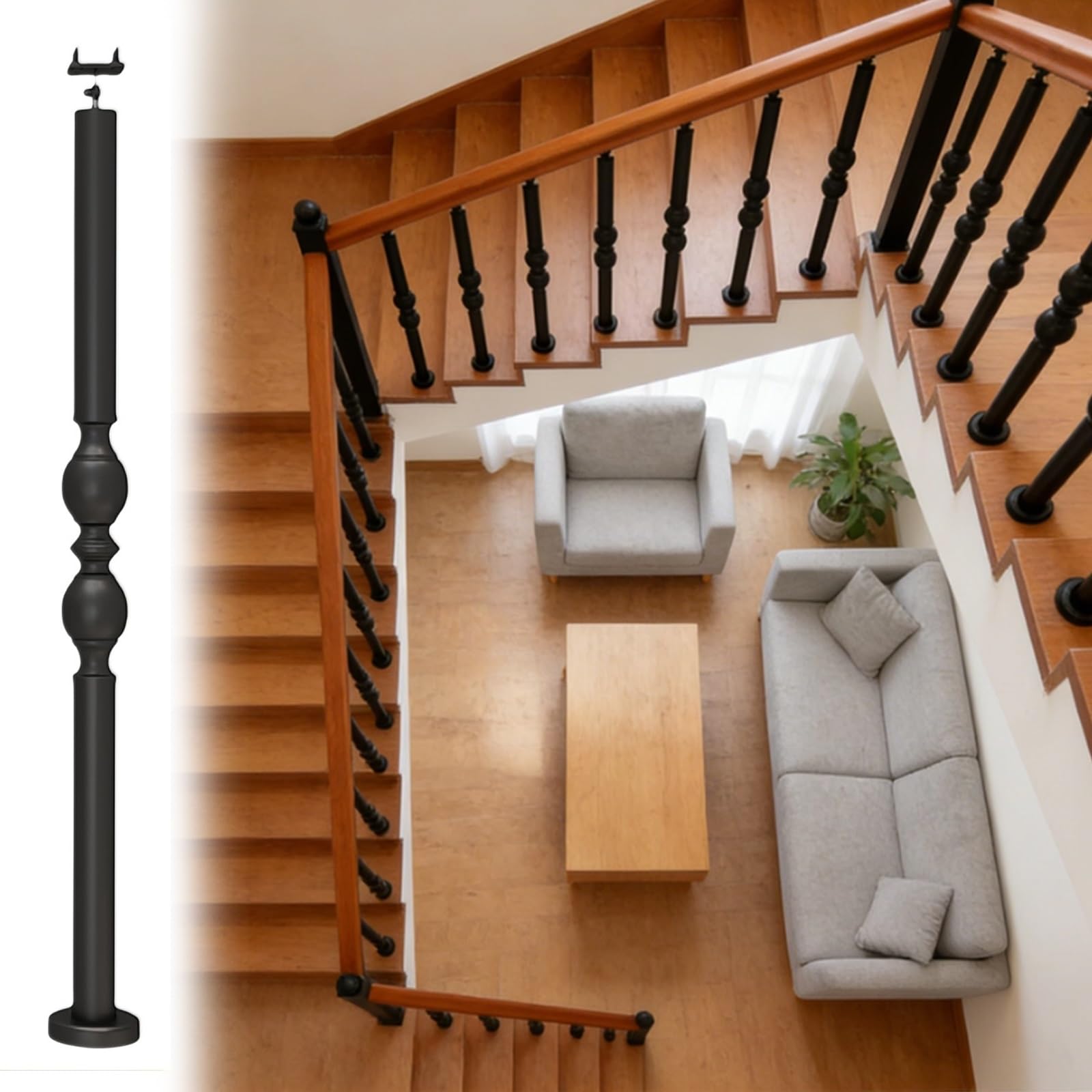Fuseaux d'escalier noirs contre les rampes instables en bois