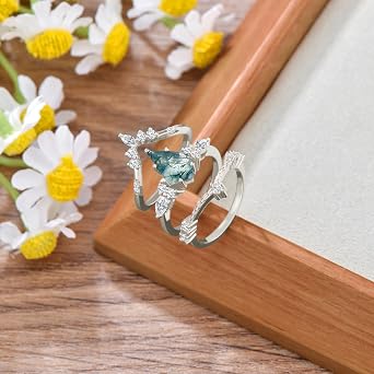 Natural Moss Agate Rings for Women Kite Cut 925 Sterling Silver Moss Green Agate Ring for Women Wife, Optional 4 Colors (Rose/Yellow/White/Black), Ring Size 4-11