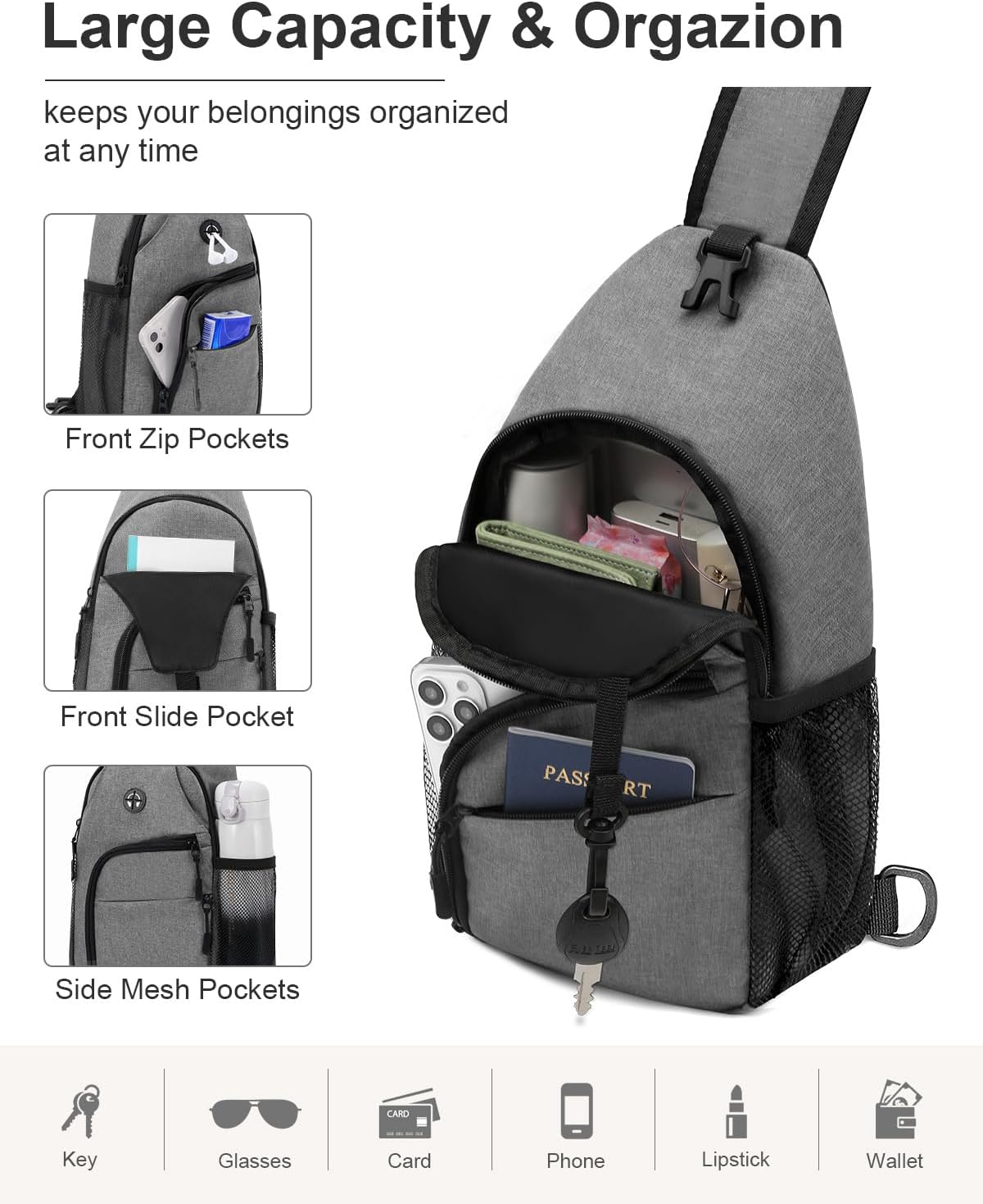 Pritent Crossbody Bags for Women Man, Waterproof Sling Bag Backpack Trendy Casual Cross Body Bags with Convertible Shoulder Strap Chest Bag for Camping Hiking Travel Essentials (light Grey, Large)