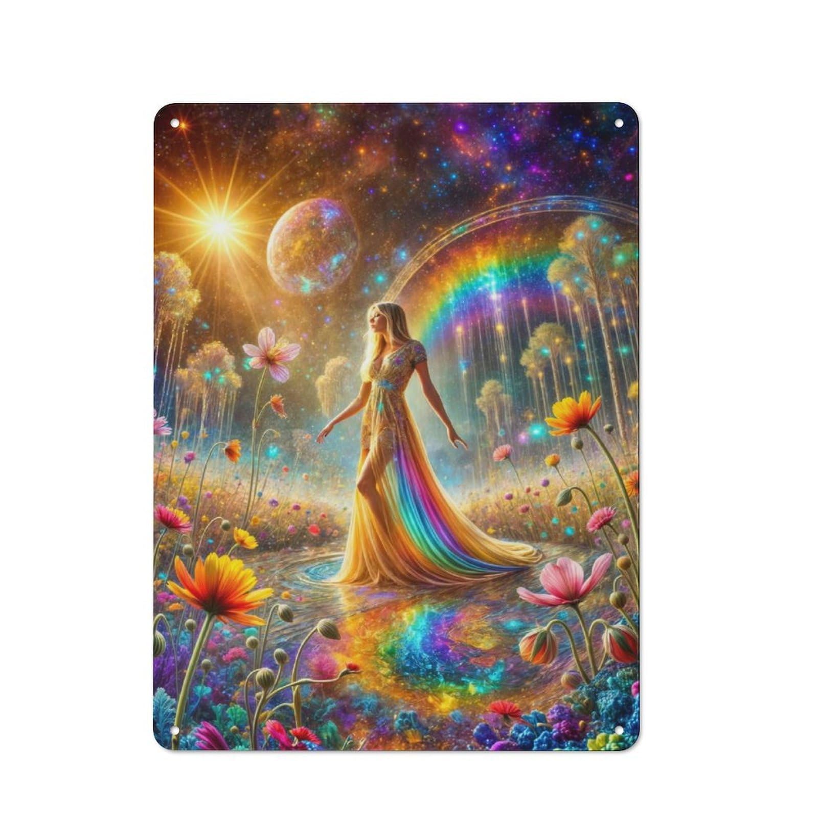 Junmoney Style-19 Rainbow Cosmic Garden Cottage Style Metal Wall Decor 40X30cm, Country Metal Sign For Kitchen, Cottage, Porch Or Garden Room