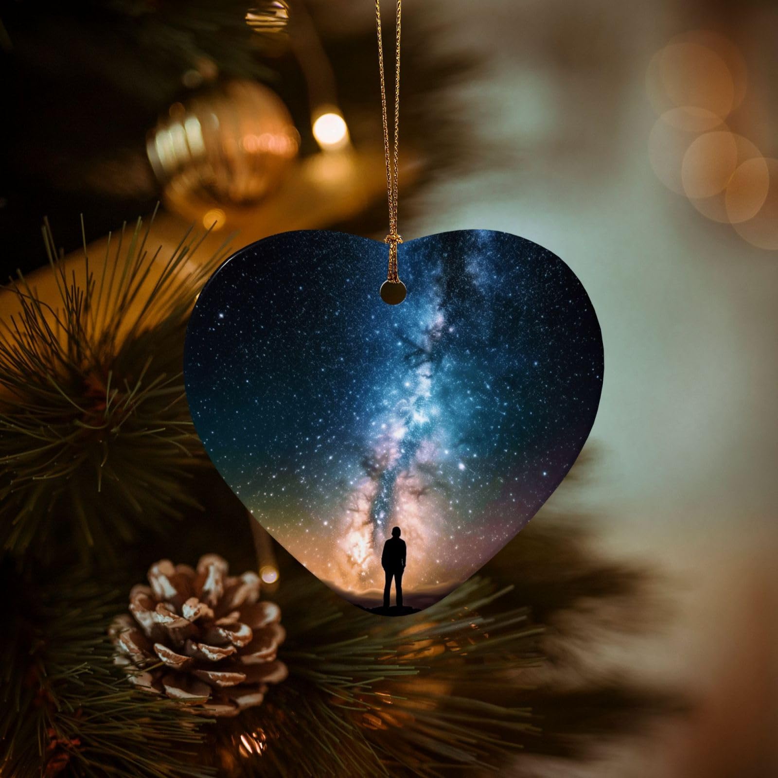 Christmas Tree Ornaments Ceramics Christmas Decorations Night Sky Ornaments with Gold Ribbon Porcelain Xmas Tree Crafts Heart Shape Hanging Pendant for Christmas Tree Party Decor