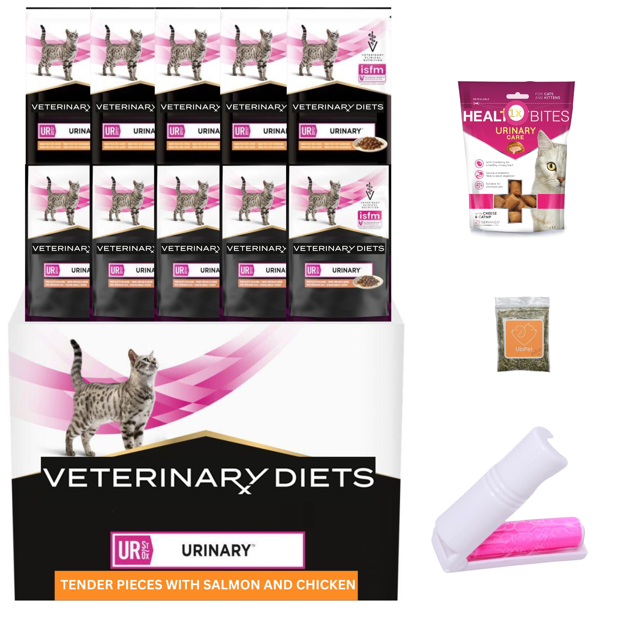 Urinary Cat Food Bundle with Veterinary Diets Chicken and Salmon (Total 10x85gram),Treats 1x 65 gram plus 1x UbiPet Catnip and a Lint Roller