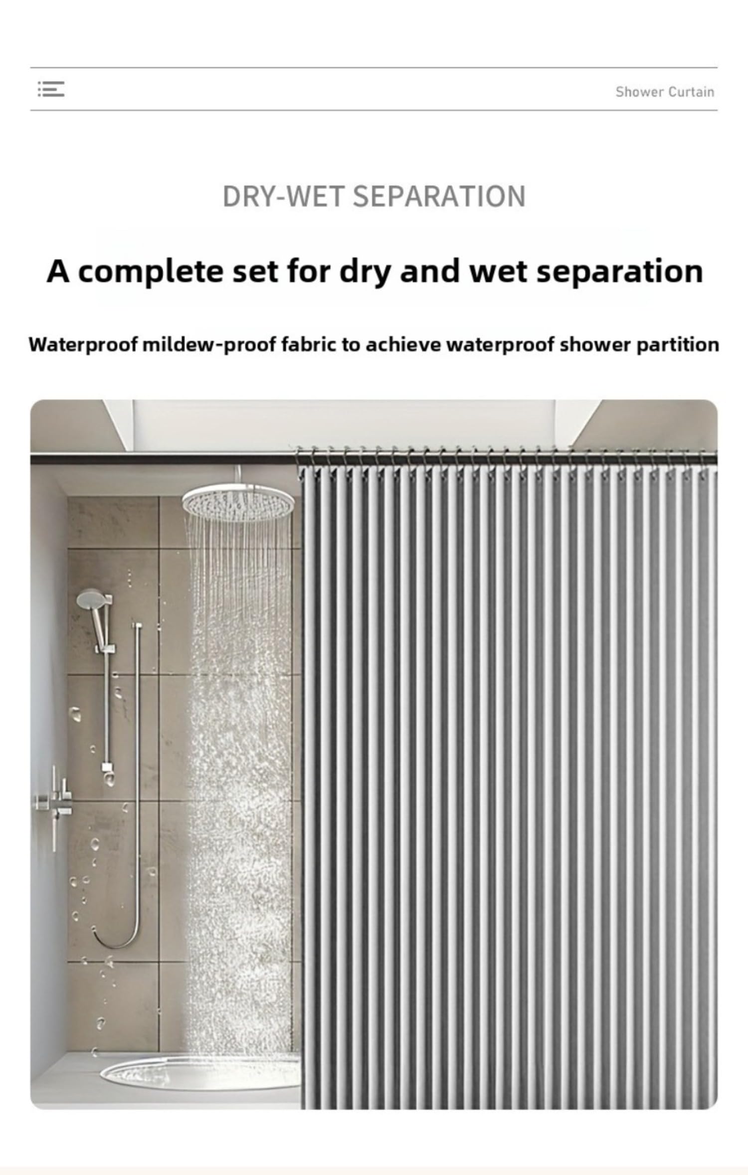 Cortina de ducha magnética plegable, poliéster impermeable, sin taladros, separación en húmedo y seco, 100-260 cm x 200 cm, plisados con memoria, ojales inoxidables, con imanes y ganchos (gris, 240 x