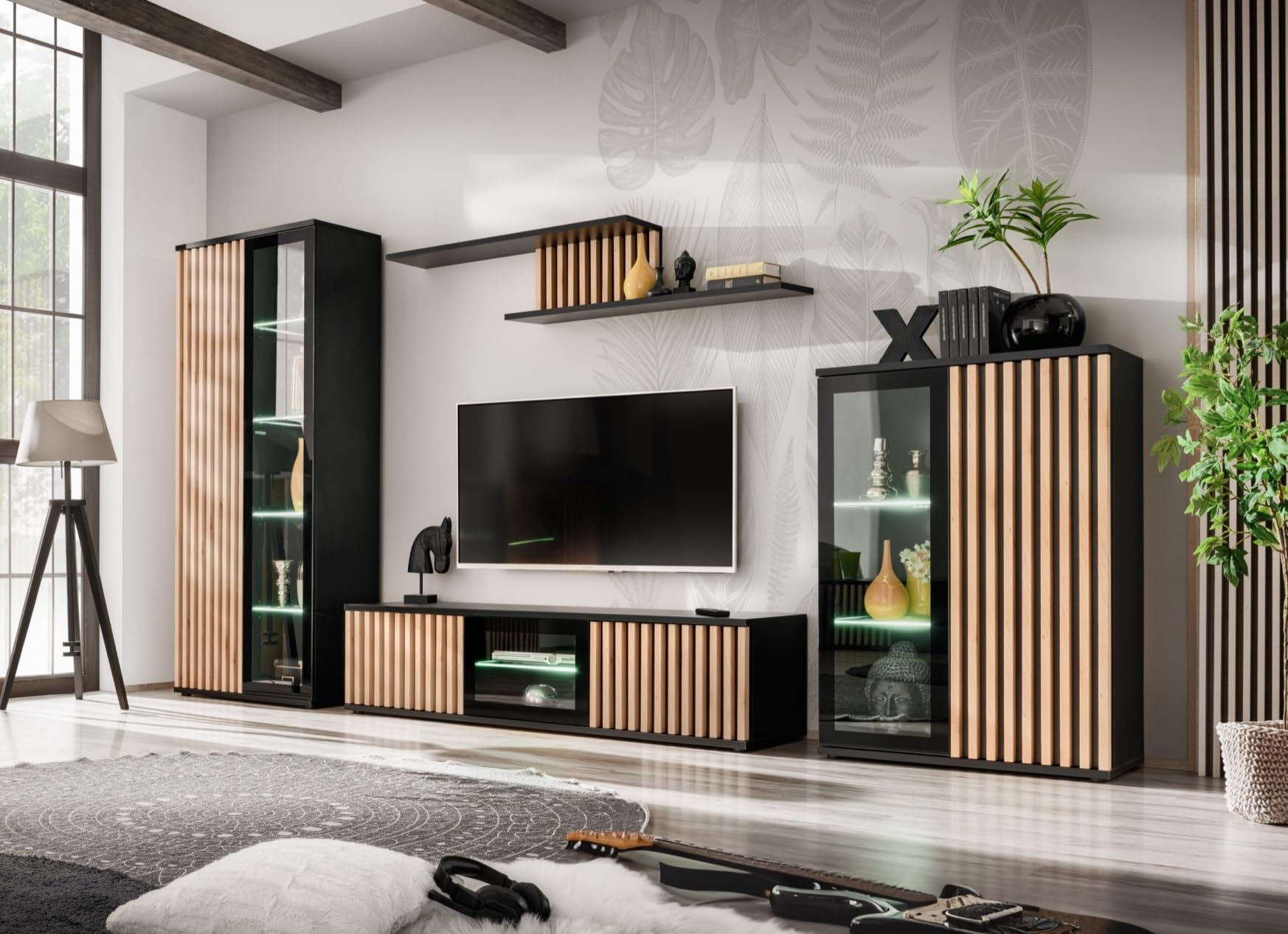 ARREDO DA CASA Parete Attrezzata Soggiorno Moderna 340x192 con 1 Mensola Mobile Porta TV 1 Vetrina Alta 1 Vetrina Bassa e Illuminazione con LED Nero e Rovere PAP155