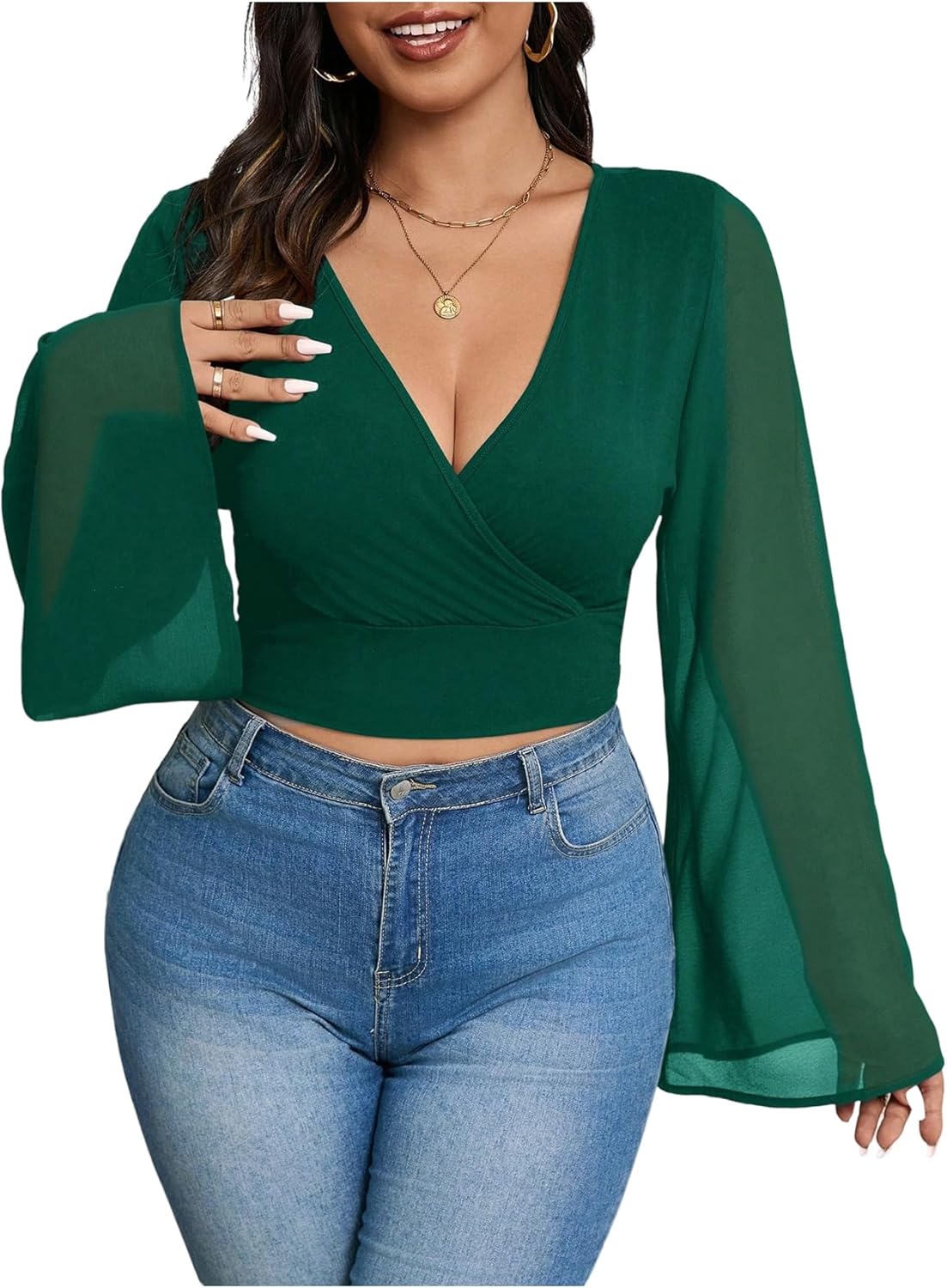 MakeMeChic Women's Plus Size Crop Top Bell Sleeve Tops V Neck Wrap Blouse Party T Shirts