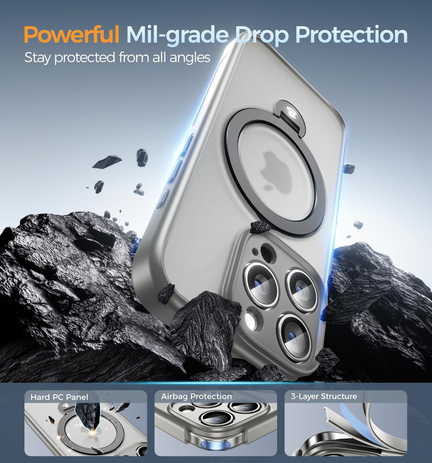 MAGIC JOHN Designed for iPhone 16 Pro Case with Magnetic Invisible Stand [Military Drop Protection] [Compatible with MagSafe] Shockproof Translucent Matte for iPhone 16 Pro Case 6.3 Inch, Gray - Image 2