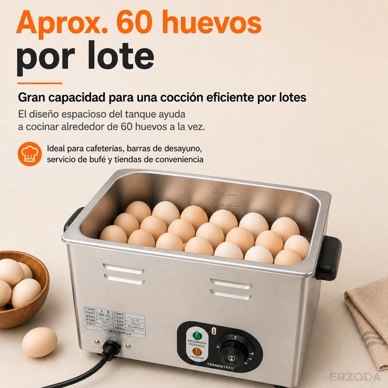 Cocedor de Huevos Eléctrico Profesional 60 Huevos, Acero Inoxidable con Termostato, 2,6 kW, para Cafeterías y Buffets