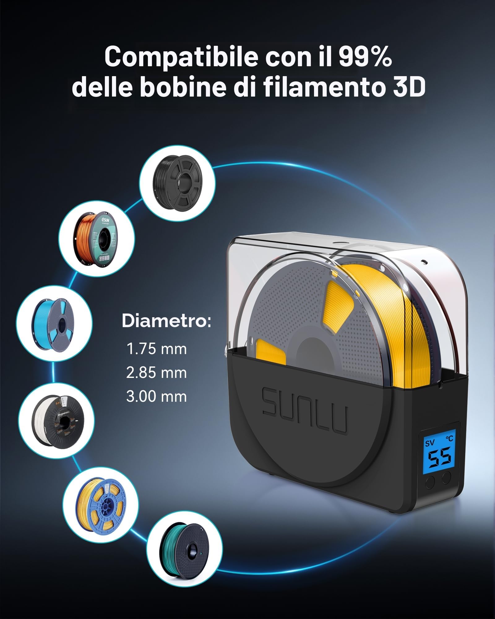 SUNLU Official Filament Dryer S1 PLUS con Ventola, Senza Umidità Essiccatore Filamento 3D, FilaDryer Facile da Usare e Portatile, PLA PETG ABS Nylon TPU Essiccatore Filamento 3D SUNLU S1+, (Nero)